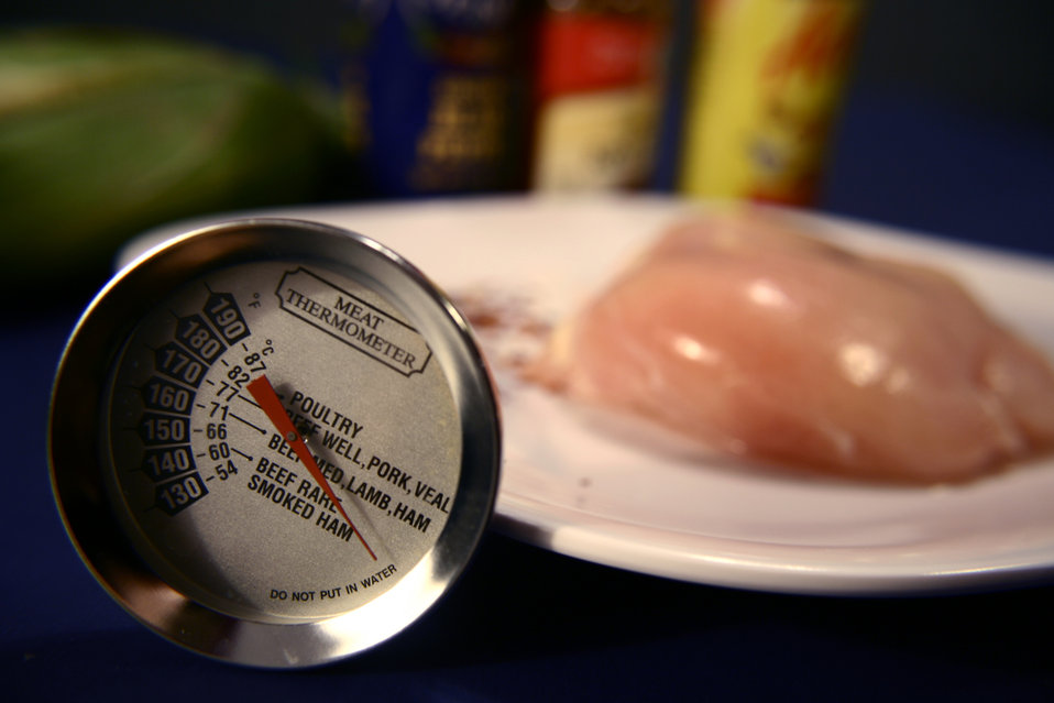 Raw chicken with meat thermometer