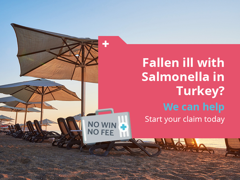 An image of a resort in Turkey, with a graphic encouraging holiday makers who have fallen ill in Turkey to start a claim