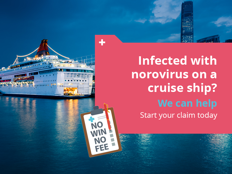 An image of a cruise ship with a message to contact the Holiday Claims Bureau if you have fallen ill on a cruise ship