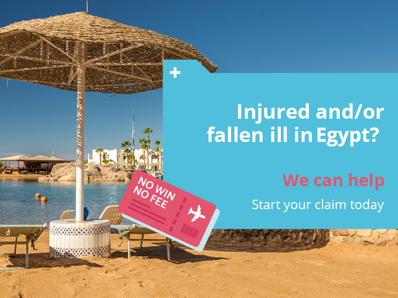 An image of an Egyptian hotel with a call to action from Holiday Claims Bureau. The call to action is asking viewers to get in touch with them if they have been involved in an accident and/or fallen ill in Egypt.
