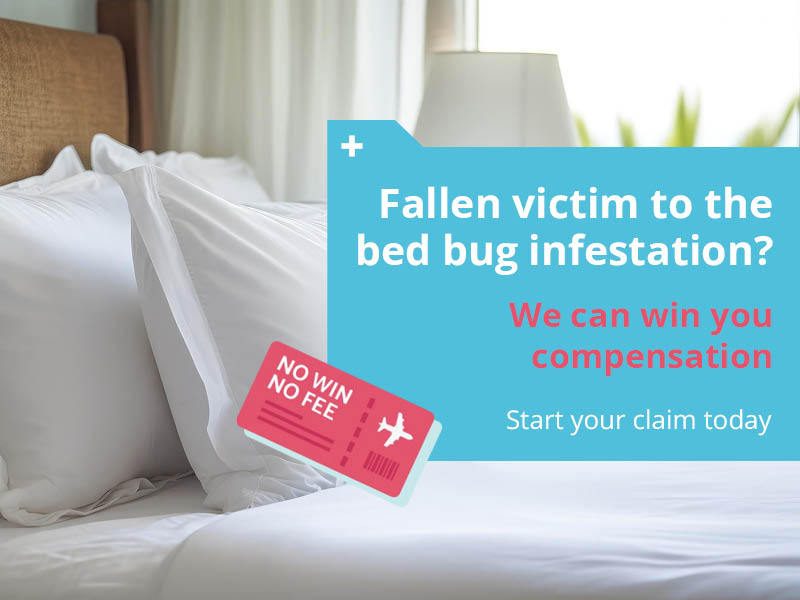 A picture of a bed with a message from Holiday Claims Bureau to reach out to them if you have been involved in a bed bug infestation incident