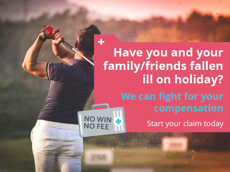An image of a golfer taking a swing with a call to action from the Holiday Claims Bureau to contact them if you have fallen ill on holiday