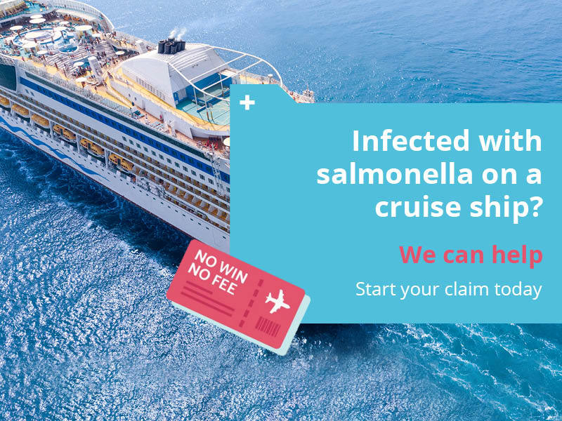 An image of a cruise ship with a call to action for viewers to contact the Holiday Claims Bureau if they have contracted salmonella on a cruise ship