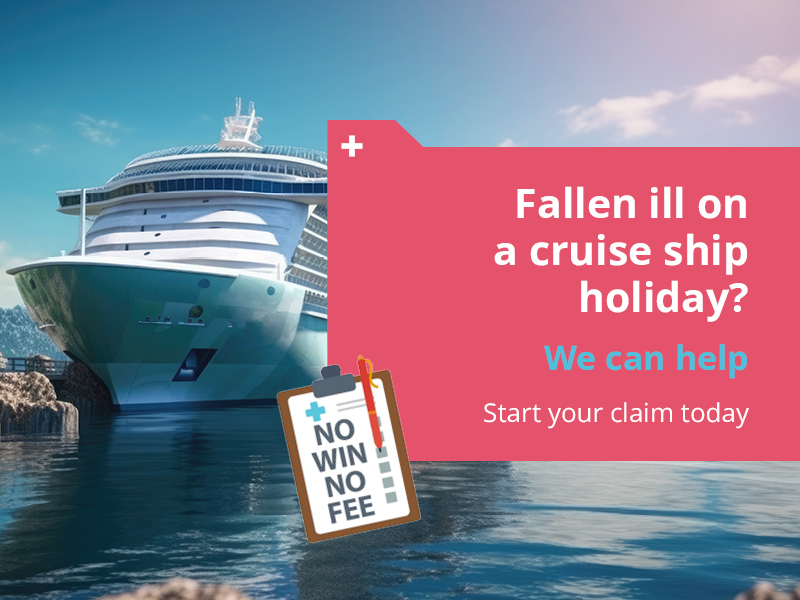 An image of a cruise ship liner with a message to the right about getting in touch with Holiday Claims Bureau if you have contracted a holiday illness on a cruise ship