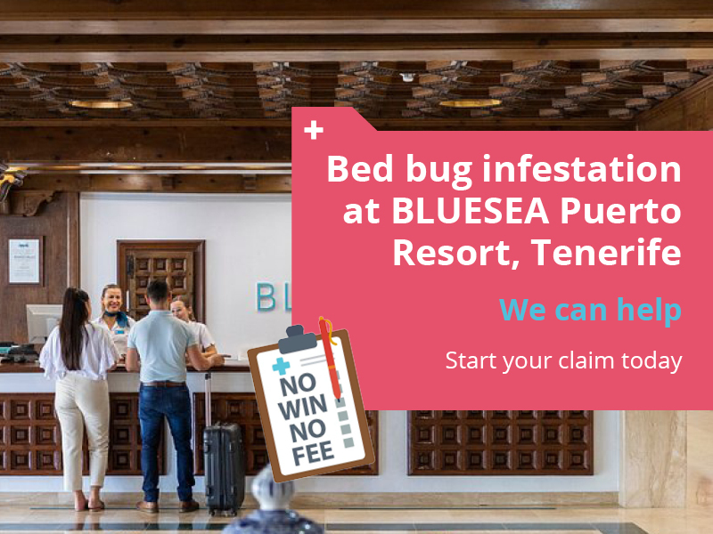 An image of a bed bug and a couple checking into a hotel